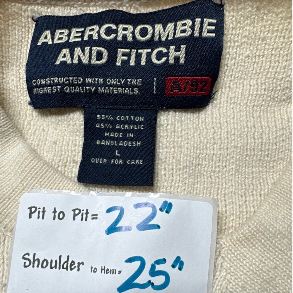 Abercrombie & Fitch Mens V-Neck Ribbed Knit Sweater Cream A+F‎ 92 Logo L Vintage